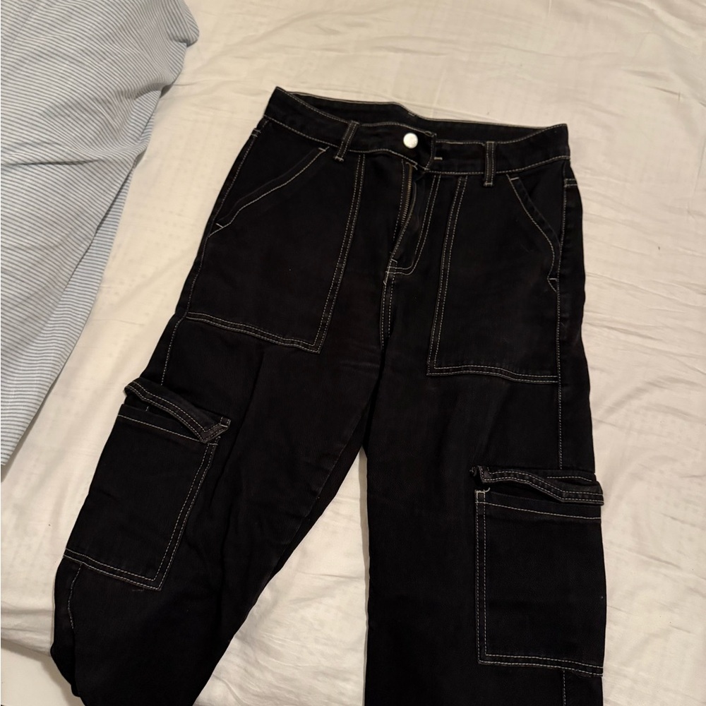 Black Cargo Pants with White Stitching
